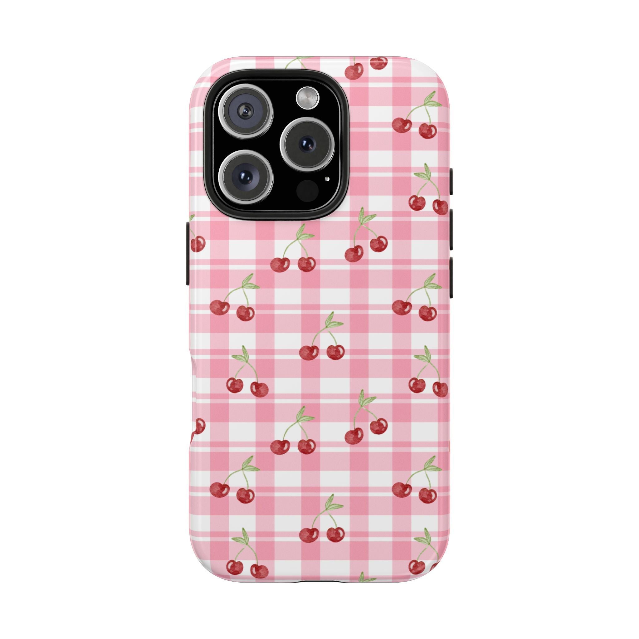 Cherry Gingham Tough Phone Case — Pink Plaid Cherry Pattern Protective Cover