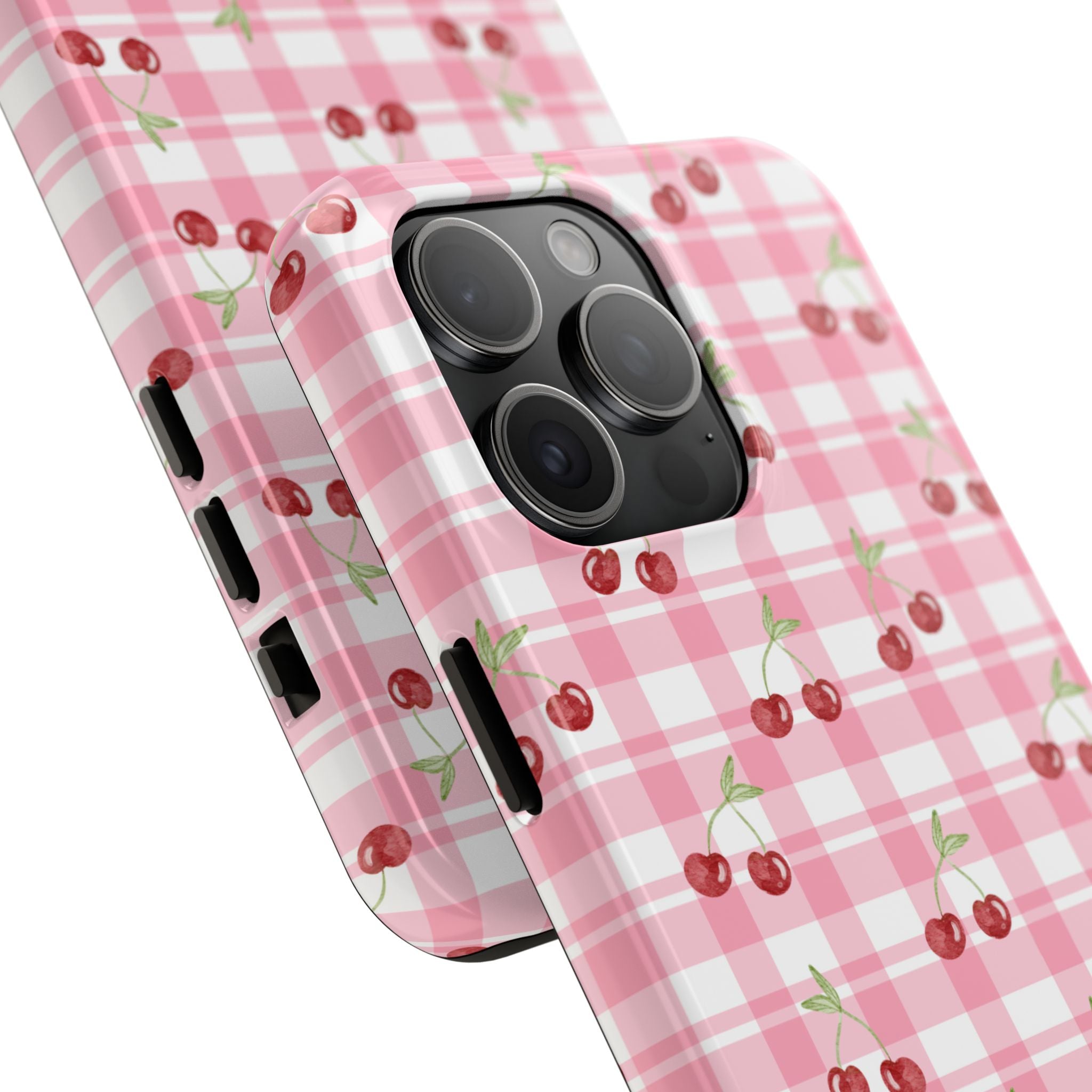 Cherry Gingham Tough Phone Case — Pink Plaid Cherry Pattern Protective Cover
