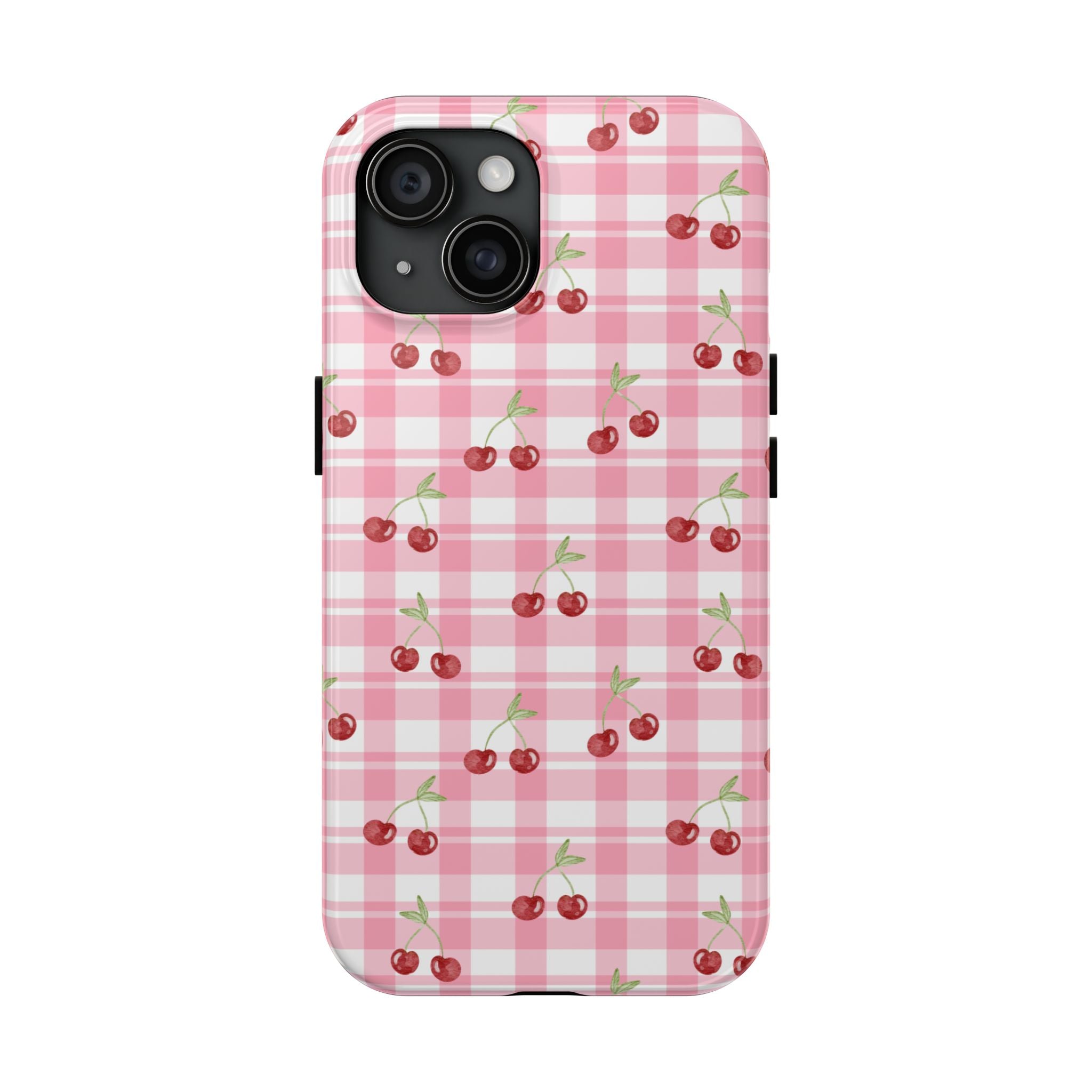 Cherry Gingham Tough Phone Case — Pink Plaid Cherry Pattern Protective Cover