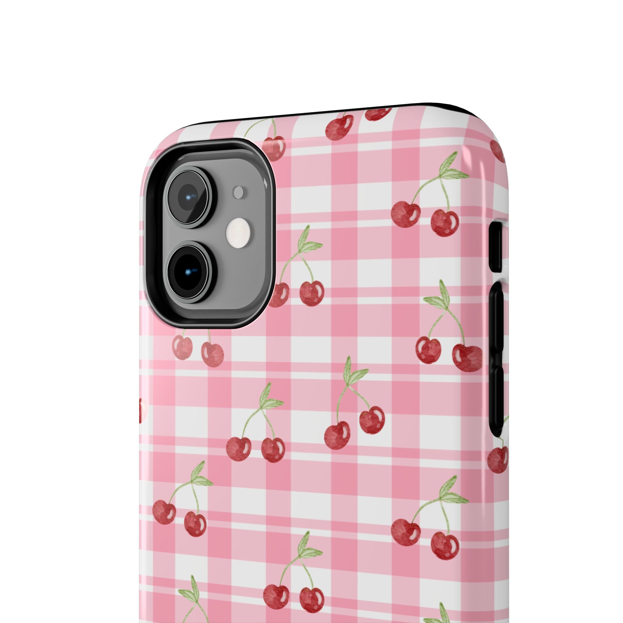 Cherry Gingham Tough Phone Case — Pink Plaid Cherry Pattern Protective Cover