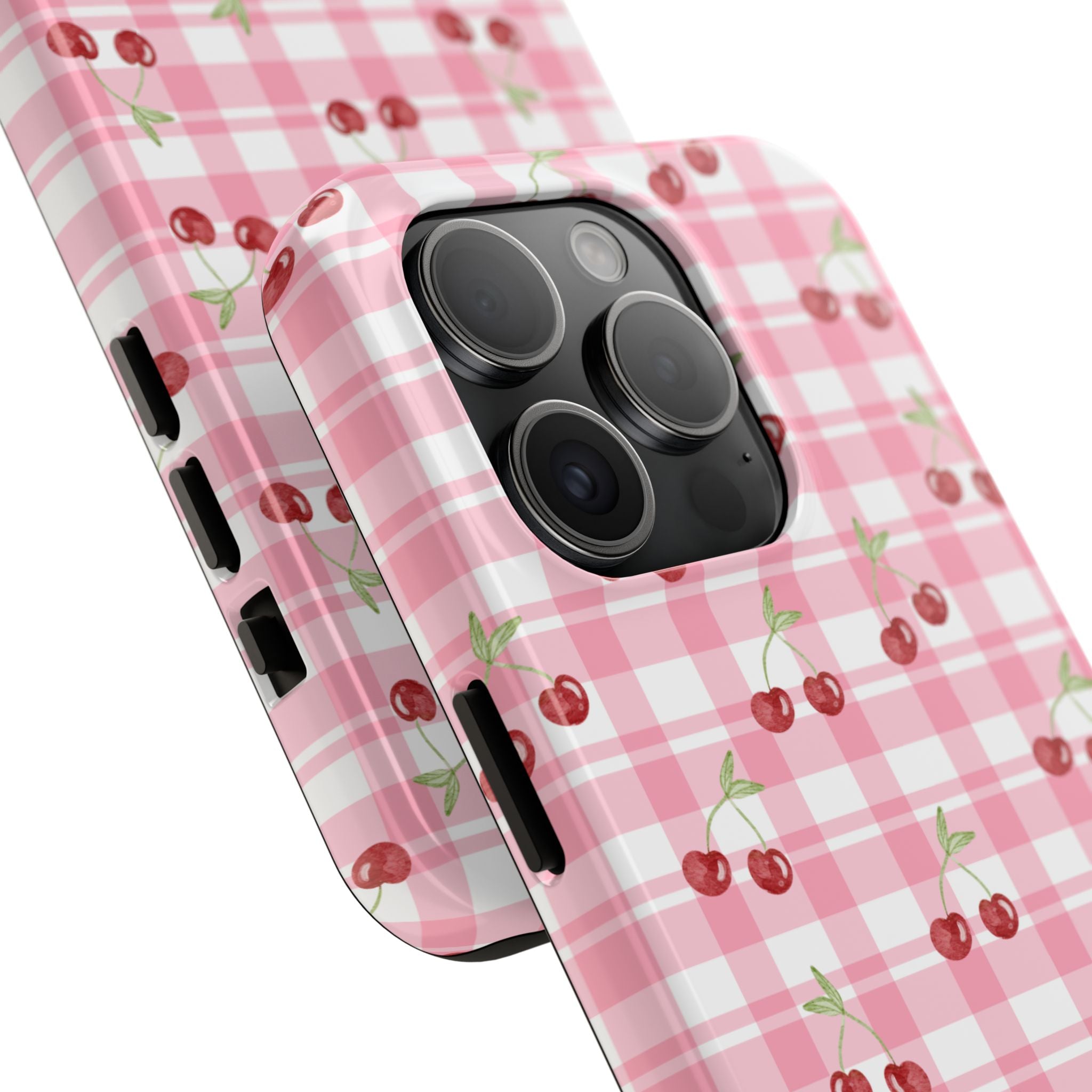 Cherry Gingham Tough Phone Case — Pink Plaid Cherry Pattern Protective Cover