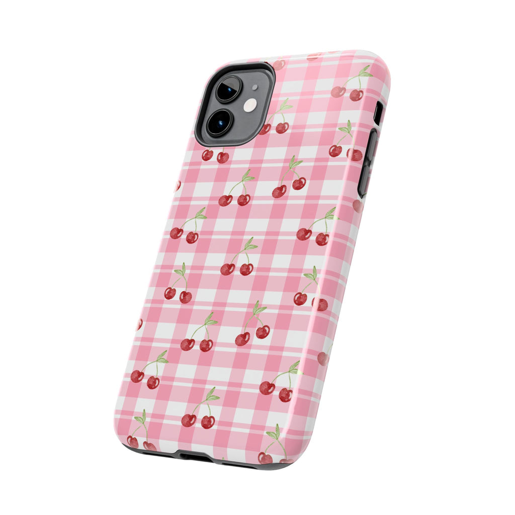 Cherry Gingham Tough Phone Case — Pink Plaid Cherry Pattern Protective Cover