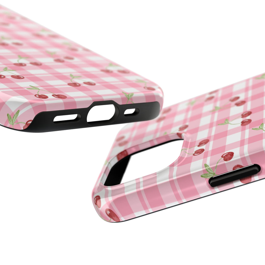Cherry Gingham Tough Phone Case — Pink Plaid Cherry Pattern Protective Cover