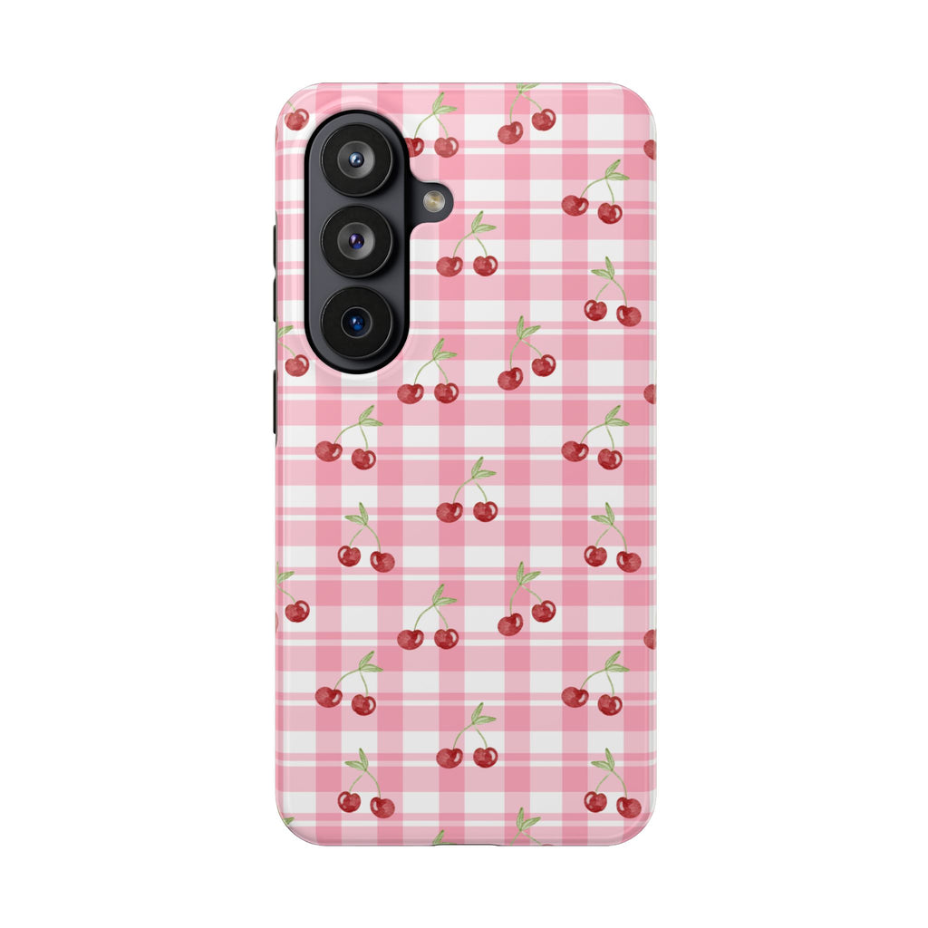 Cherry Gingham Tough Phone Case — Pink Plaid Cherry Pattern Protective Cover