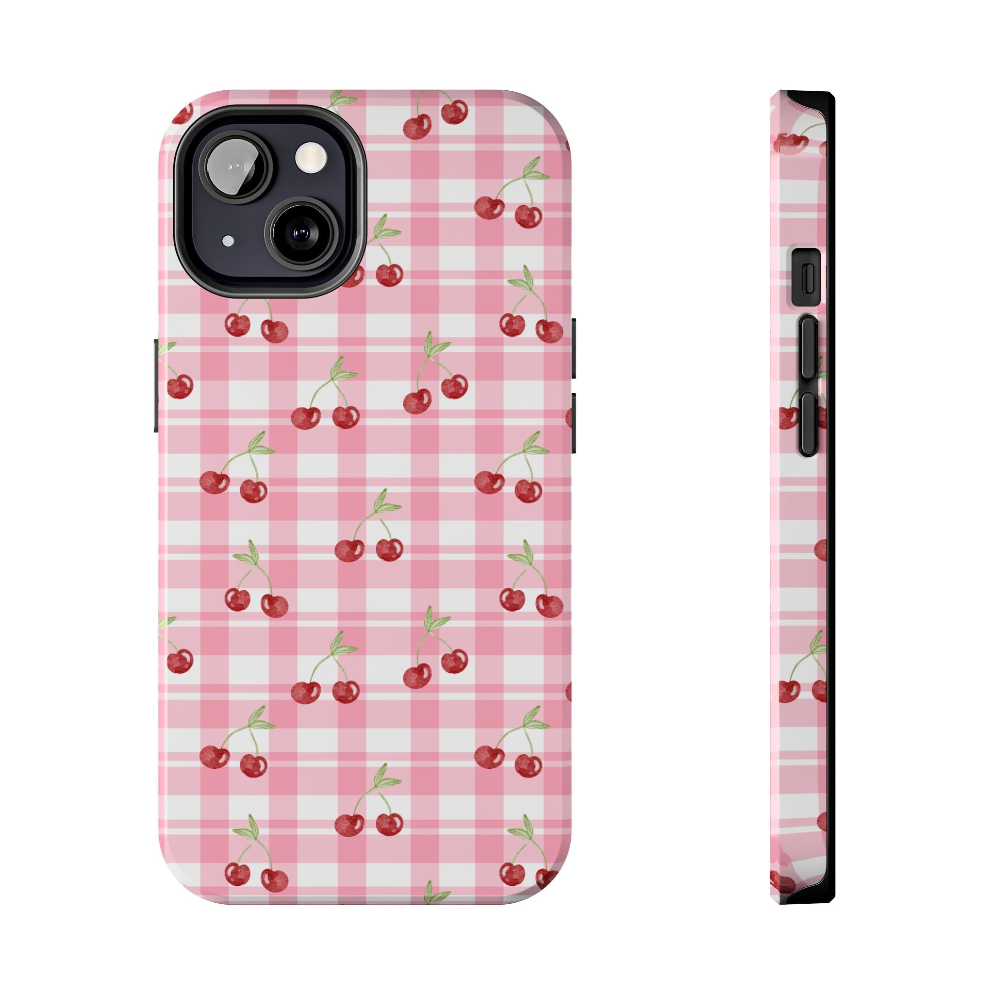 Cherry Gingham Tough Phone Case — Pink Plaid Cherry Pattern Protective Cover
