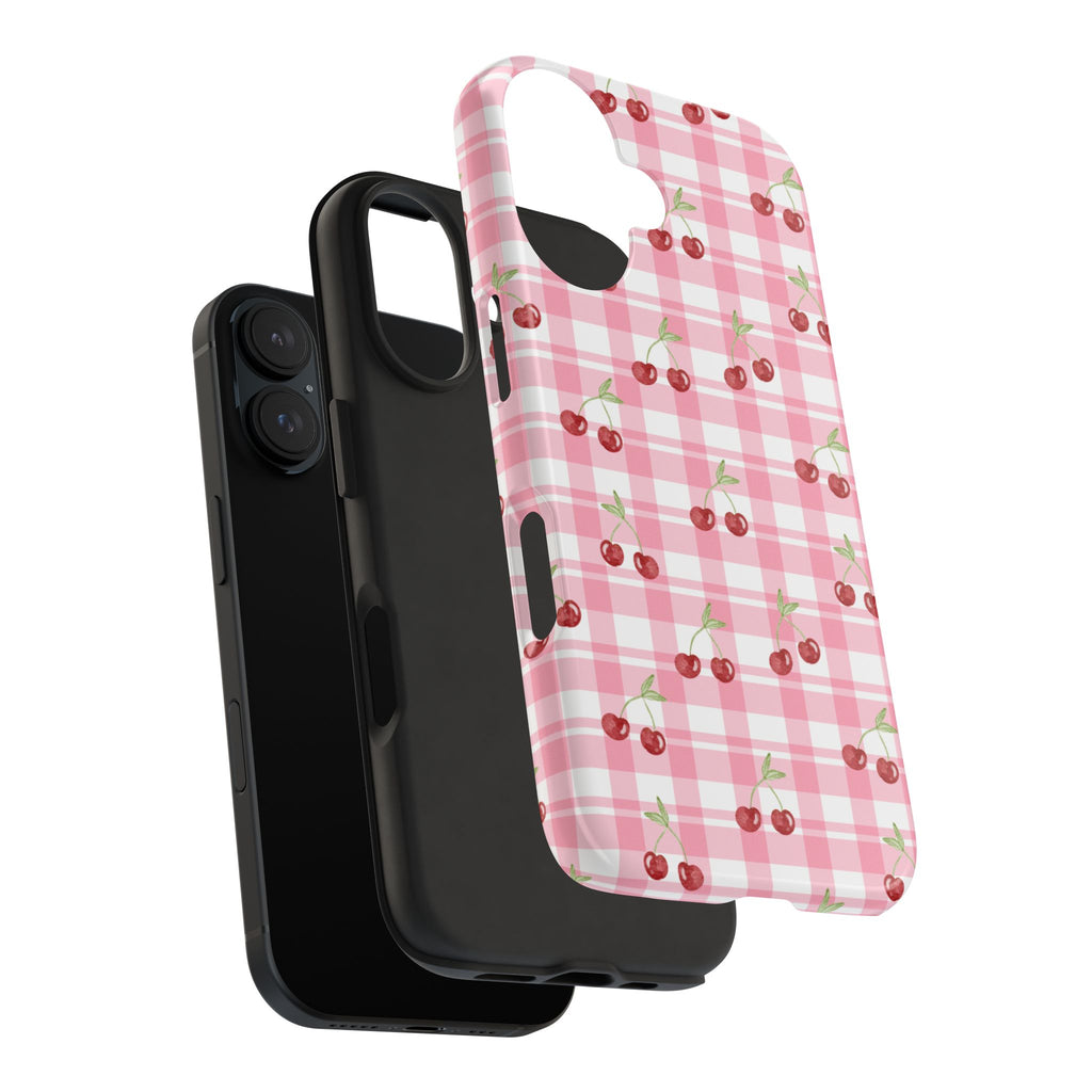 Cherry Gingham Tough Phone Case — Pink Plaid Cherry Pattern Protective Cover