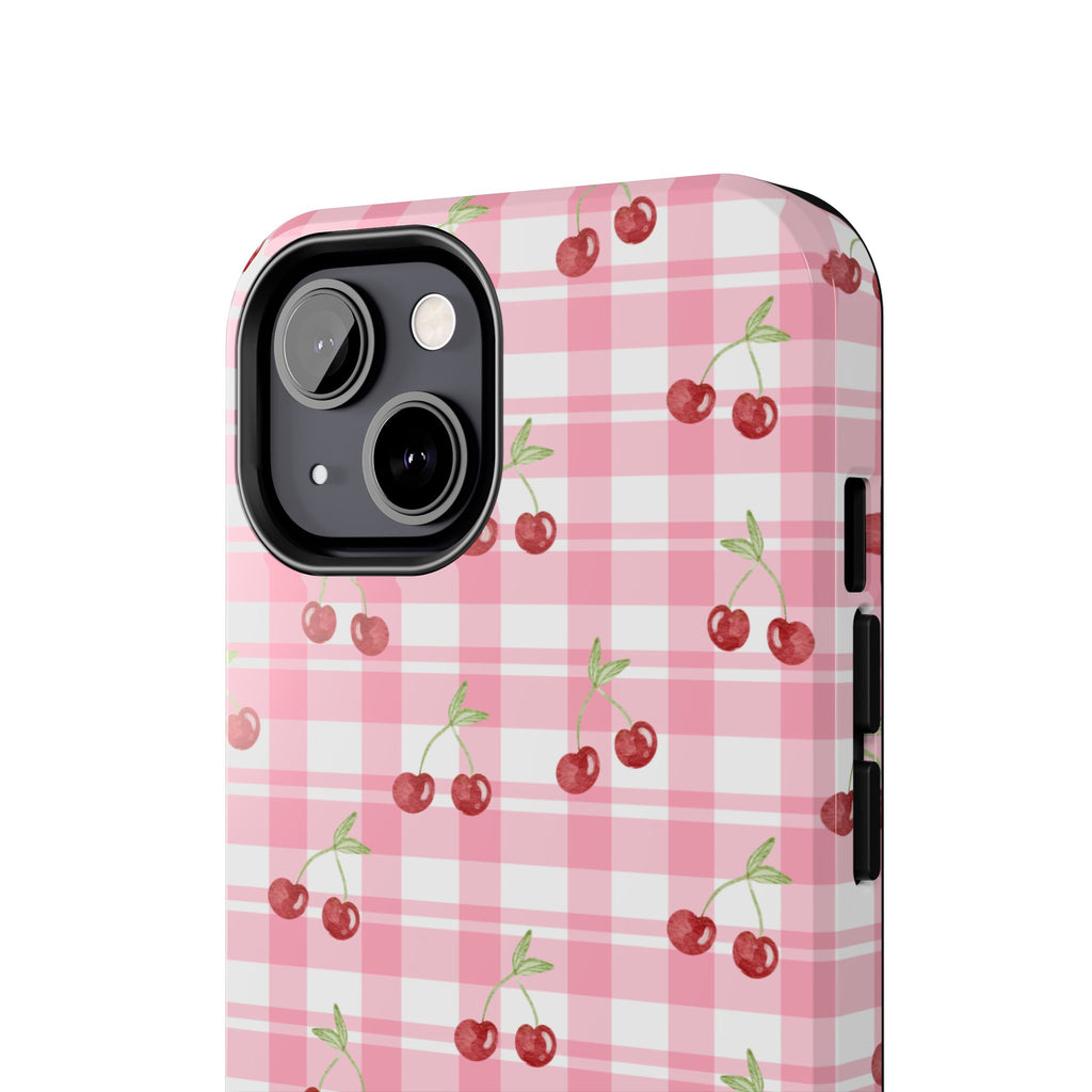 Cherry Gingham Tough Phone Case — Pink Plaid Cherry Pattern Protective Cover