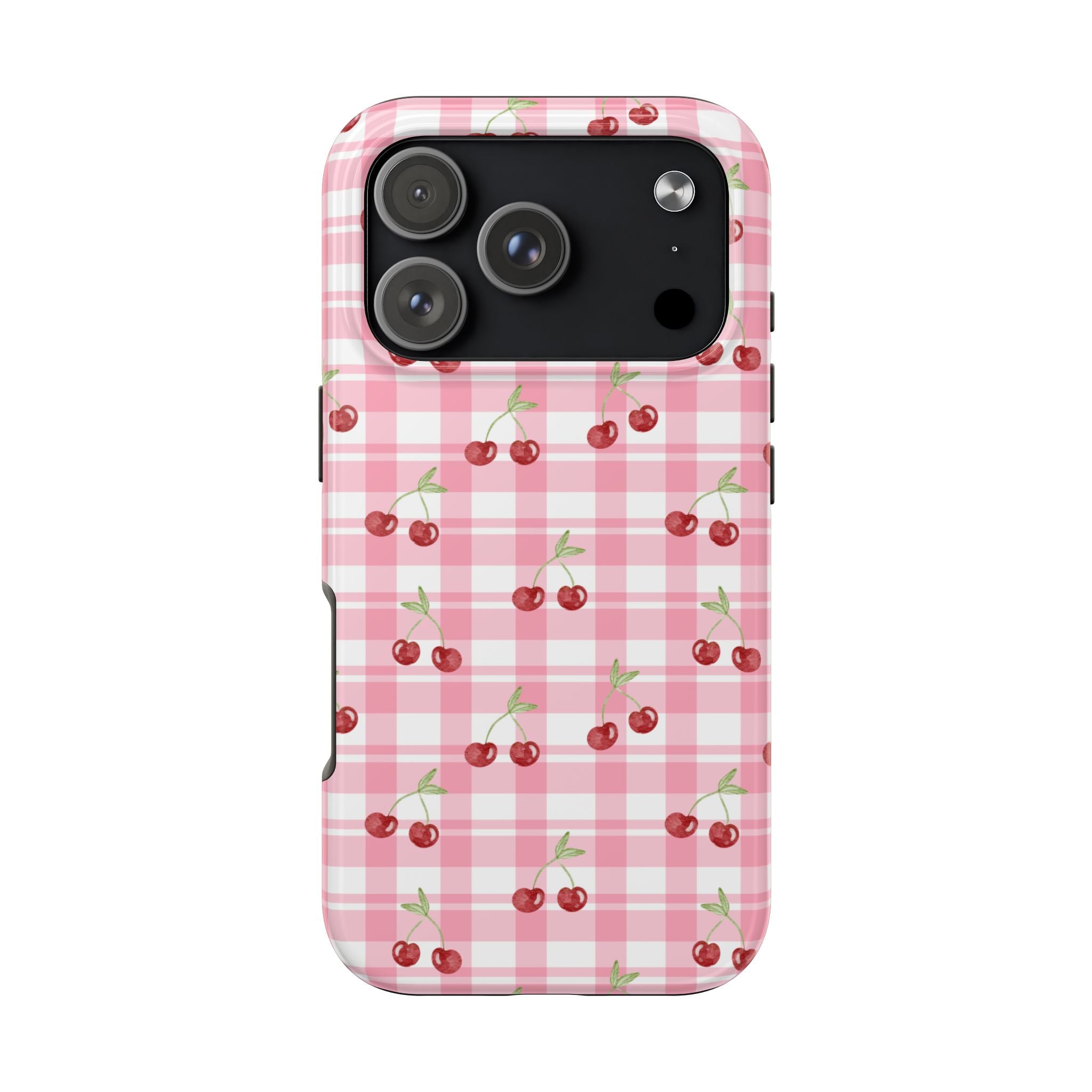 Cherry Gingham Tough Phone Case — Pink Plaid Cherry Pattern Protective Cover