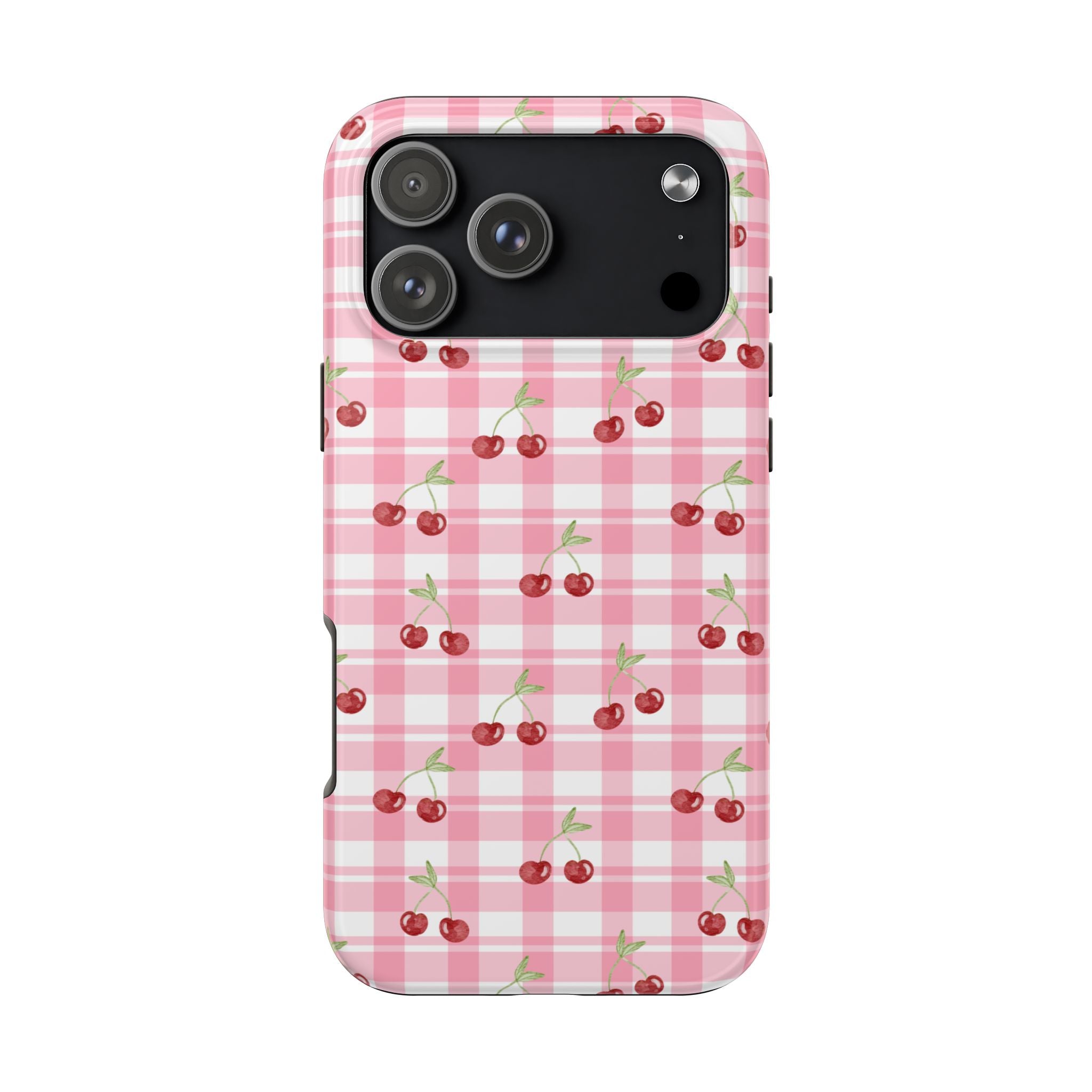 Cherry Gingham Tough Phone Case — Pink Plaid Cherry Pattern Protective Cover
