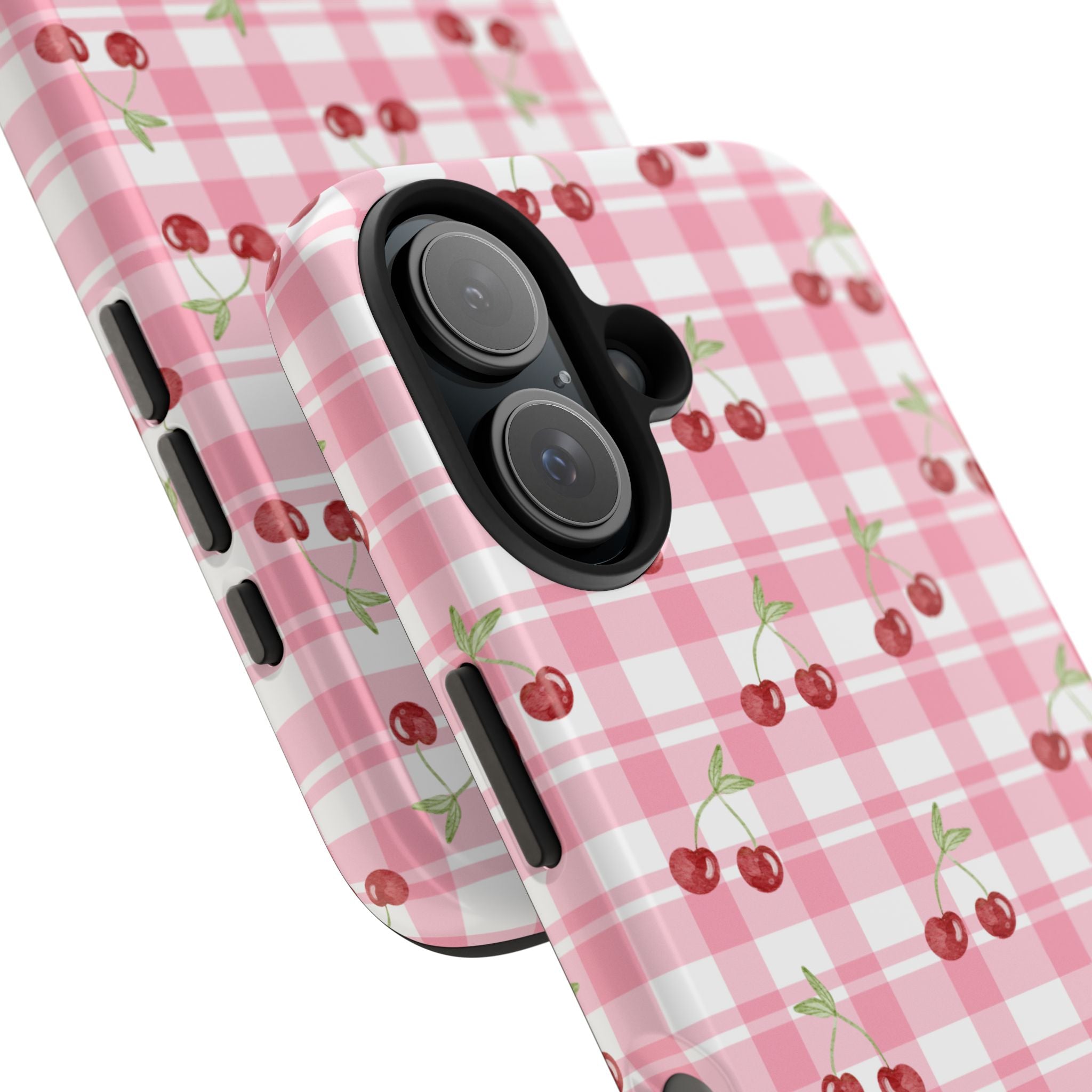 Cherry Gingham Tough Phone Case — Pink Plaid Cherry Pattern Protective Cover