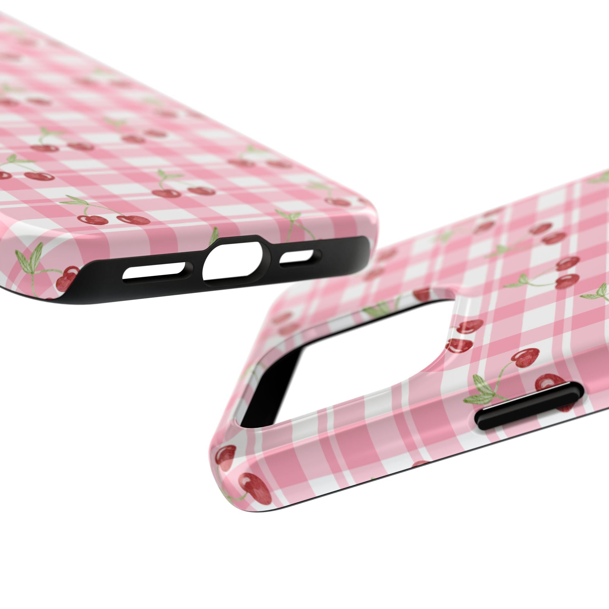 Cherry Gingham Tough Phone Case — Pink Plaid Cherry Pattern Protective Cover