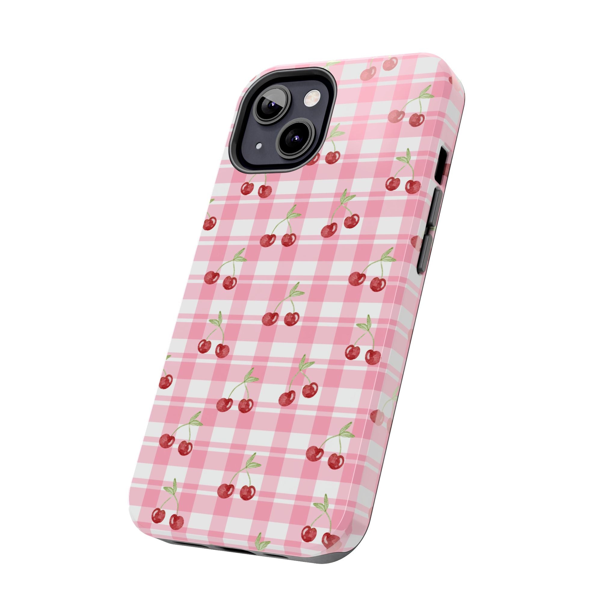 Cherry Gingham Tough Phone Case — Pink Plaid Cherry Pattern Protective Cover