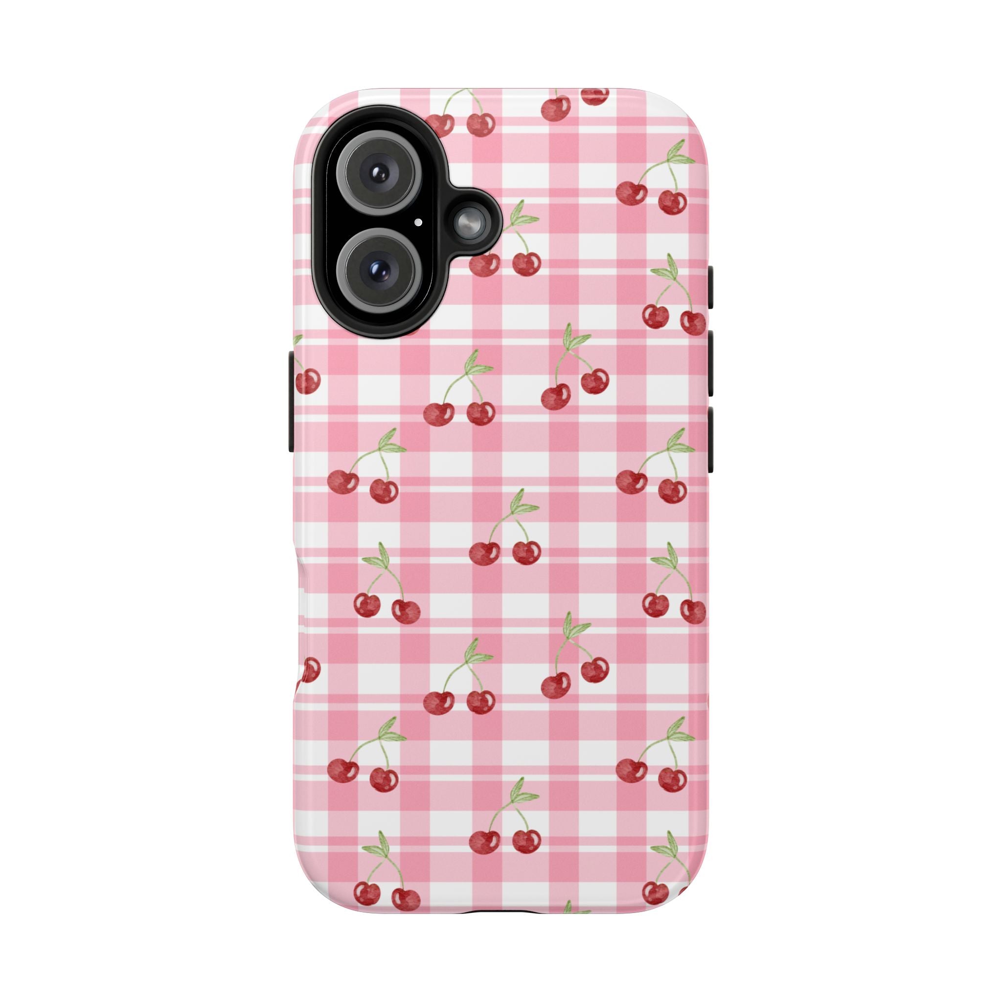 Cherry Gingham Tough Phone Case — Pink Plaid Cherry Pattern Protective Cover