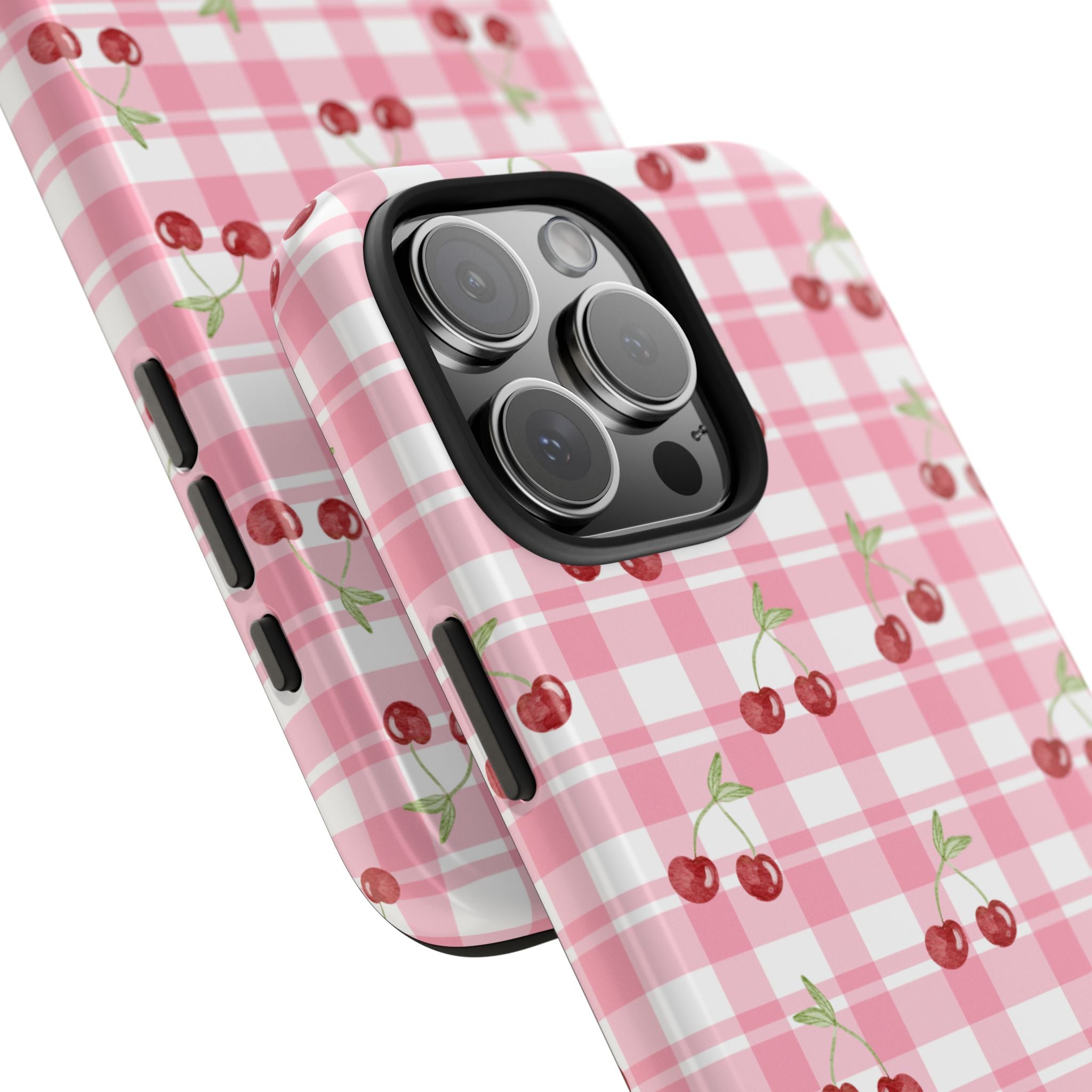 Cherry Gingham Tough Phone Case — Pink Plaid Cherry Pattern Protective Cover