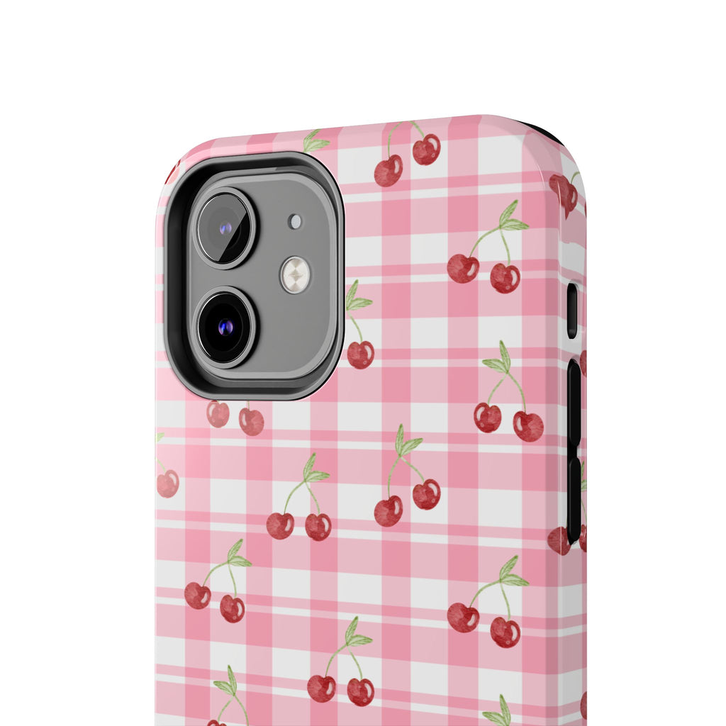 Cherry Gingham Tough Phone Case — Pink Plaid Cherry Pattern Protective Cover