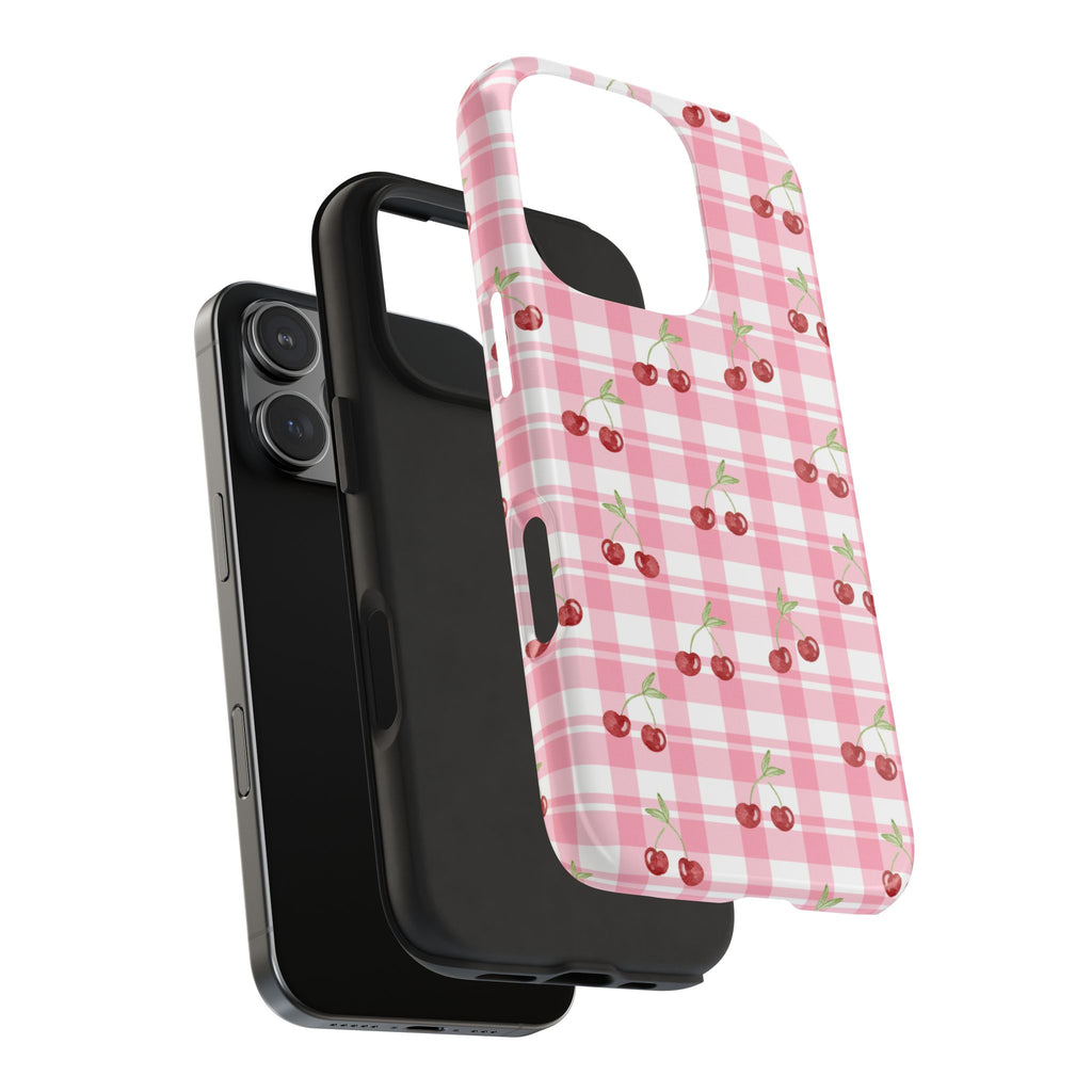 Cherry Gingham Tough Phone Case — Pink Plaid Cherry Pattern Protective Cover