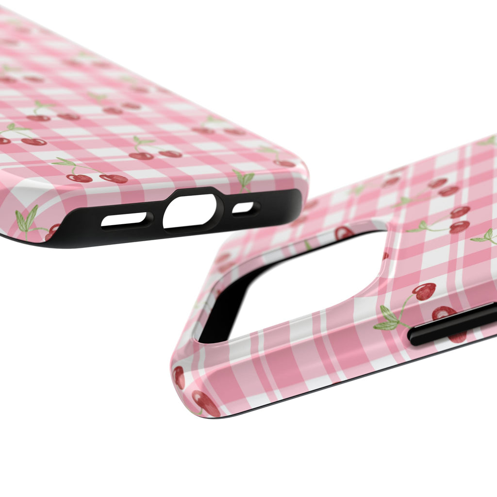 Cherry Gingham Tough Phone Case — Pink Plaid Cherry Pattern Protective Cover