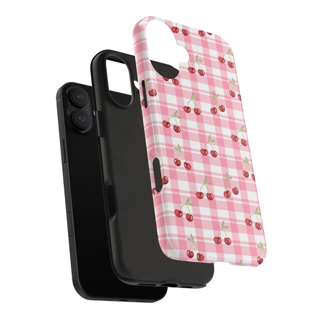 Cherry Gingham Tough Phone Case — Pink Plaid Cherry Pattern Protective Cover