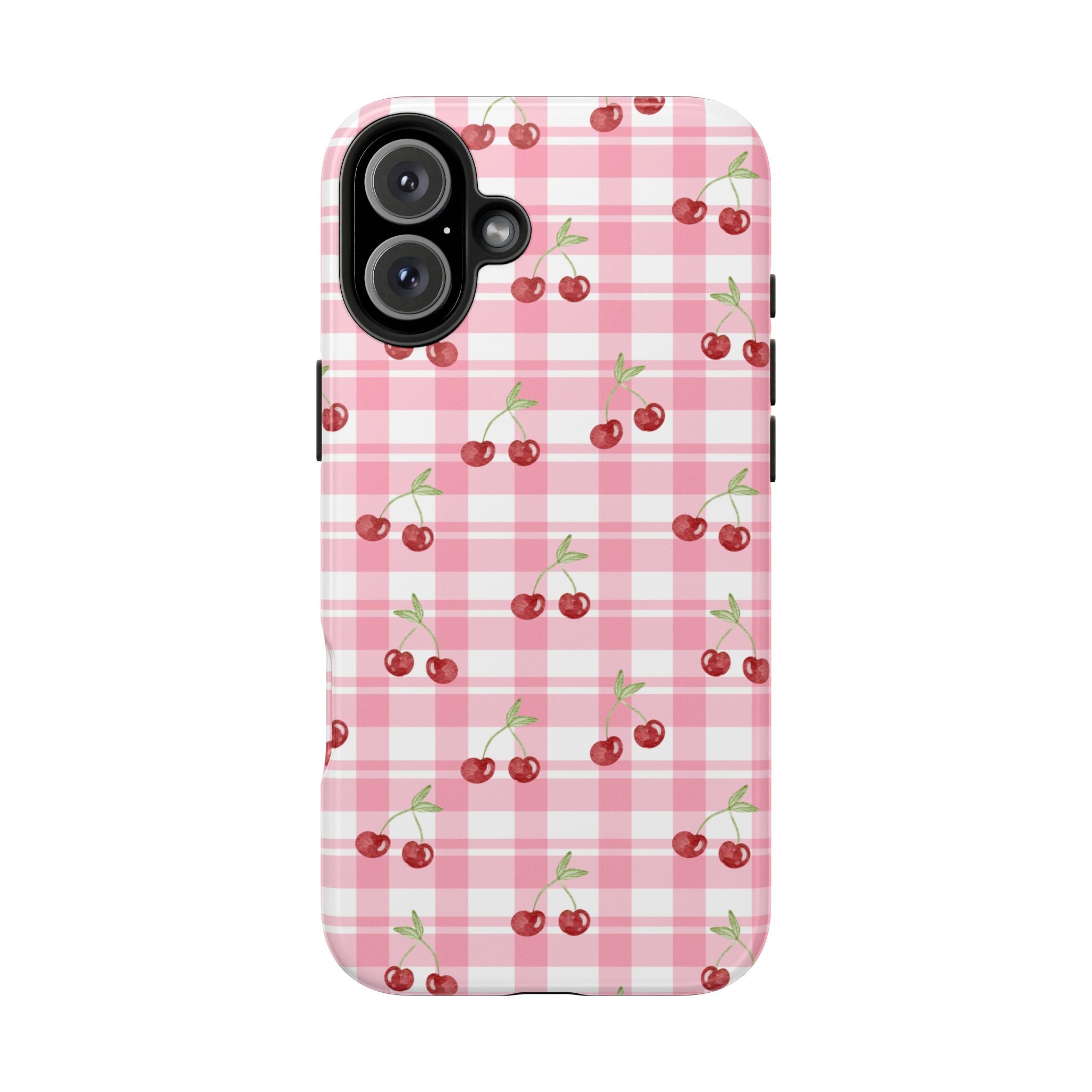 Cherry Gingham Tough Phone Case — Pink Plaid Cherry Pattern Protective Cover