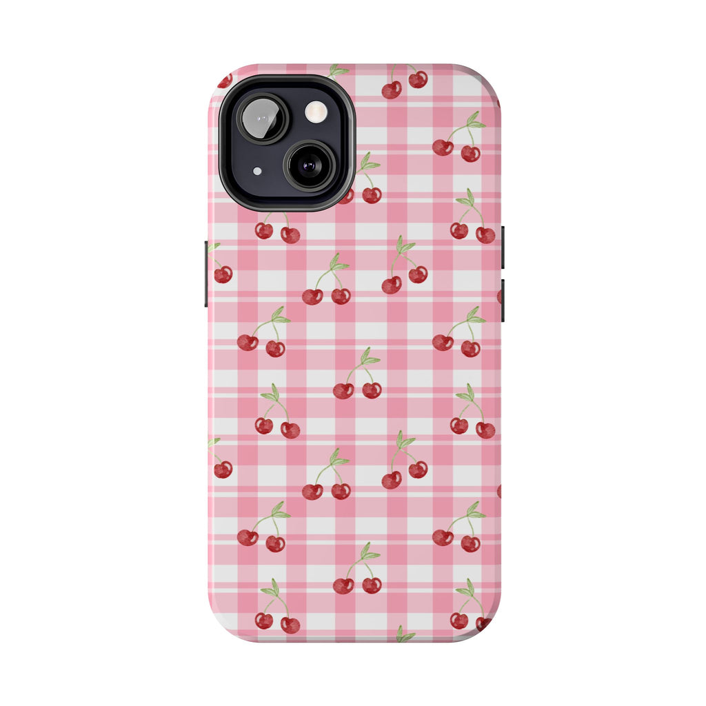Cherry Gingham Tough Phone Case — Pink Plaid Cherry Pattern Protective Cover
