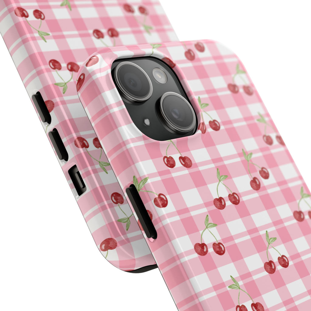 Cherry Gingham Tough Phone Case — Pink Plaid Cherry Pattern Protective Cover