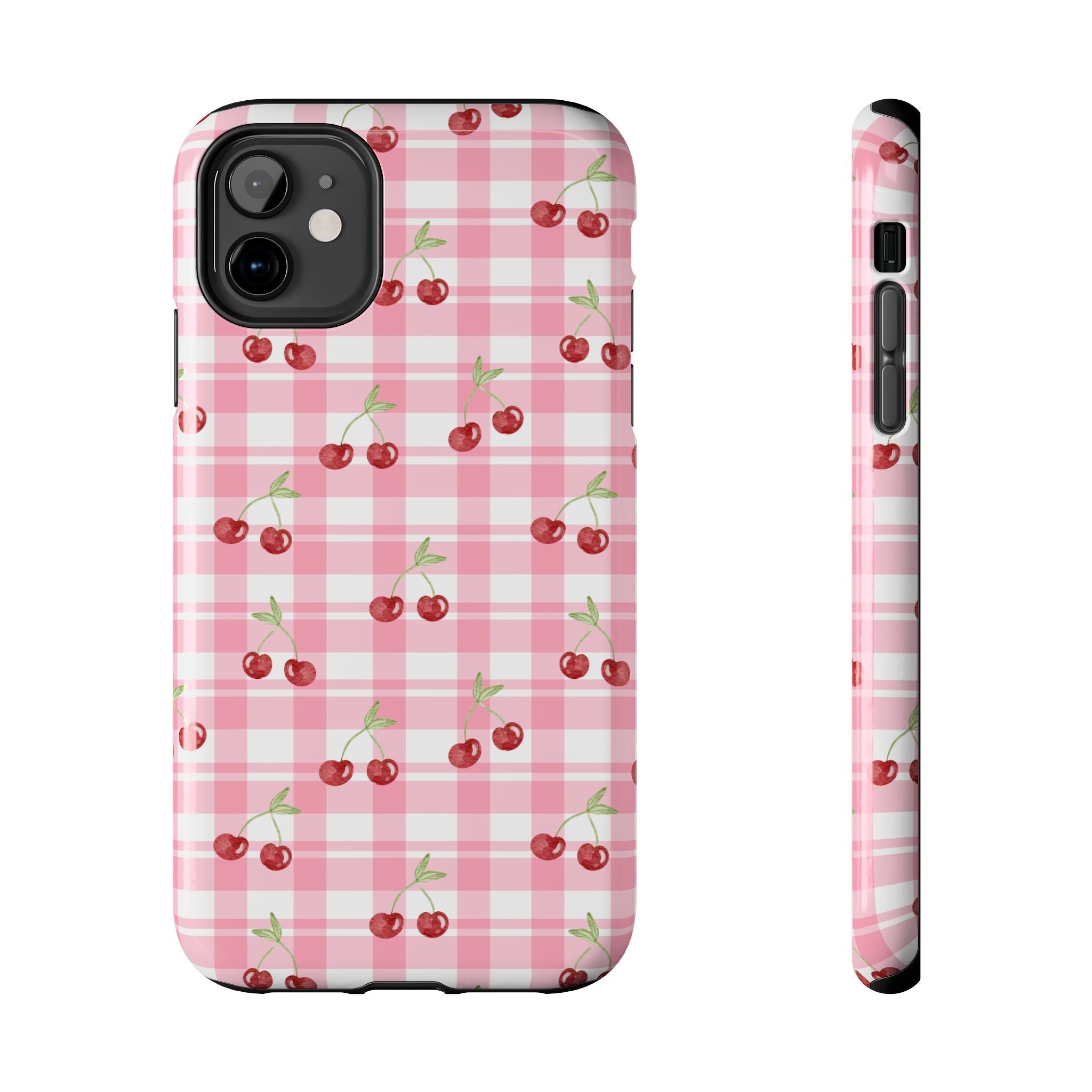 Cherry Gingham Tough Phone Case — Pink Plaid Cherry Pattern Protective Cover