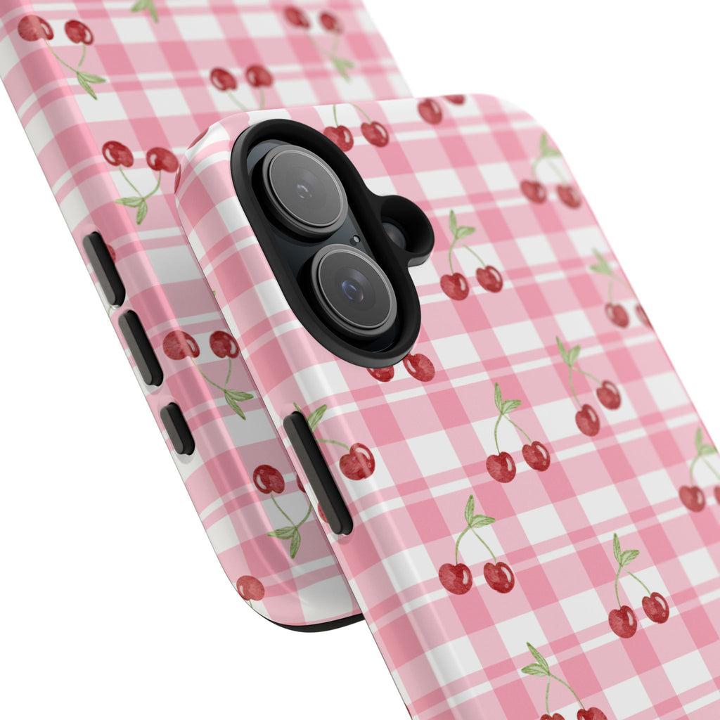 Cherry Gingham Tough Phone Case — Pink Plaid Cherry Pattern Protective Cover