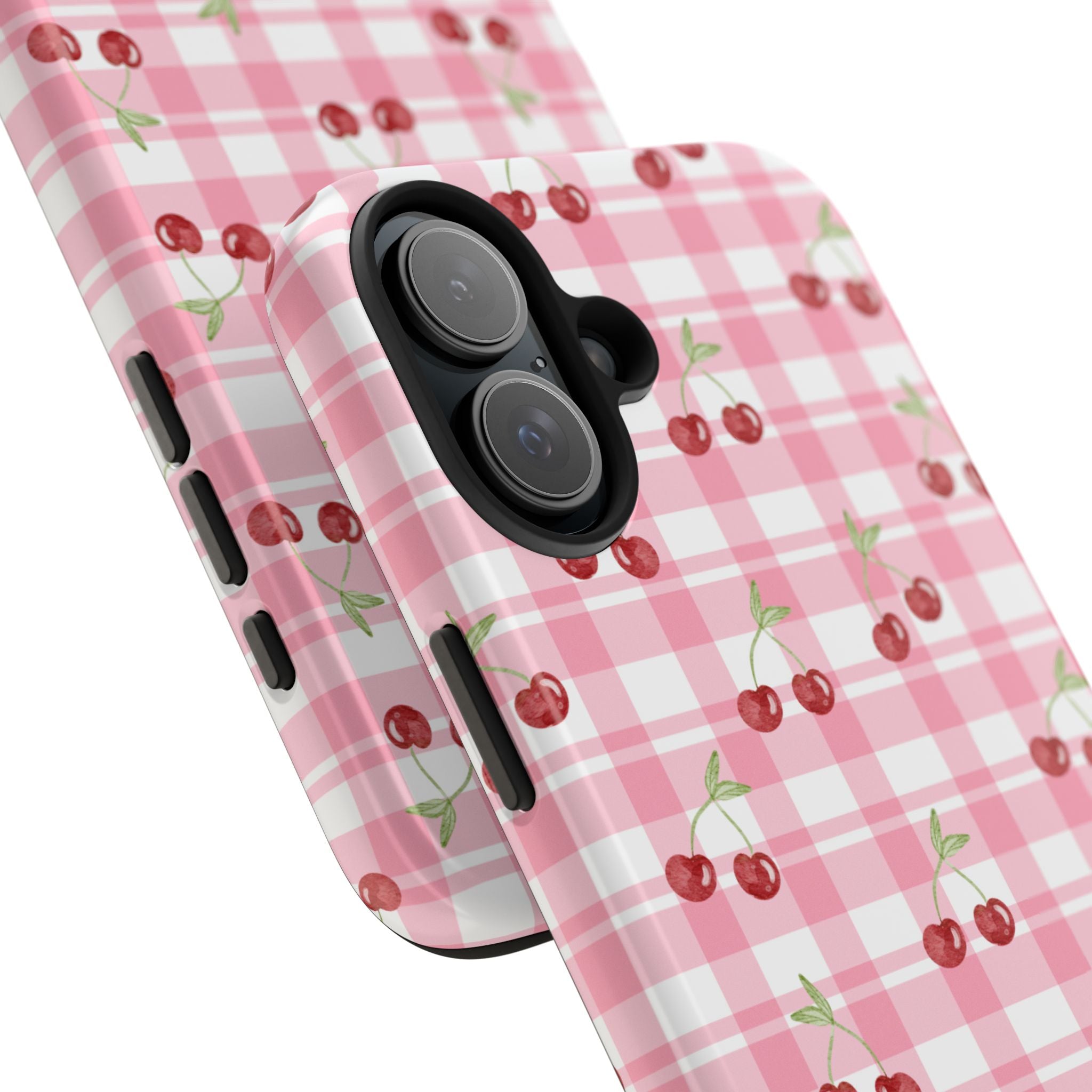 Cherry Gingham Tough Phone Case — Pink Plaid Cherry Pattern Protective Cover