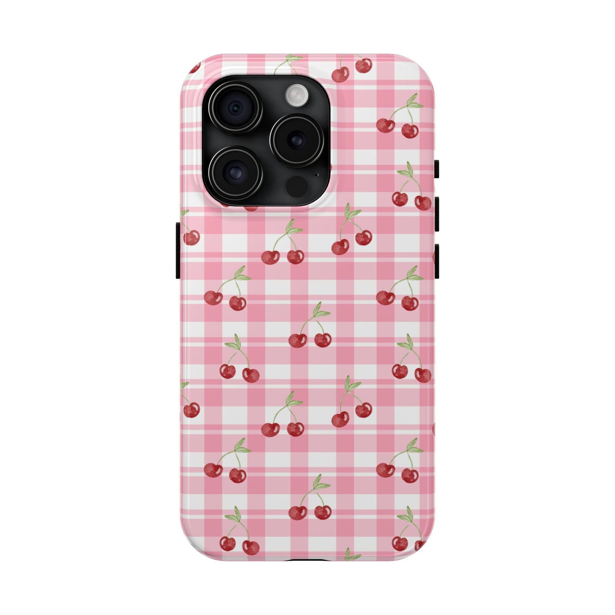 Cherry Gingham Tough Phone Case — Pink Plaid Cherry Pattern Protective Cover
