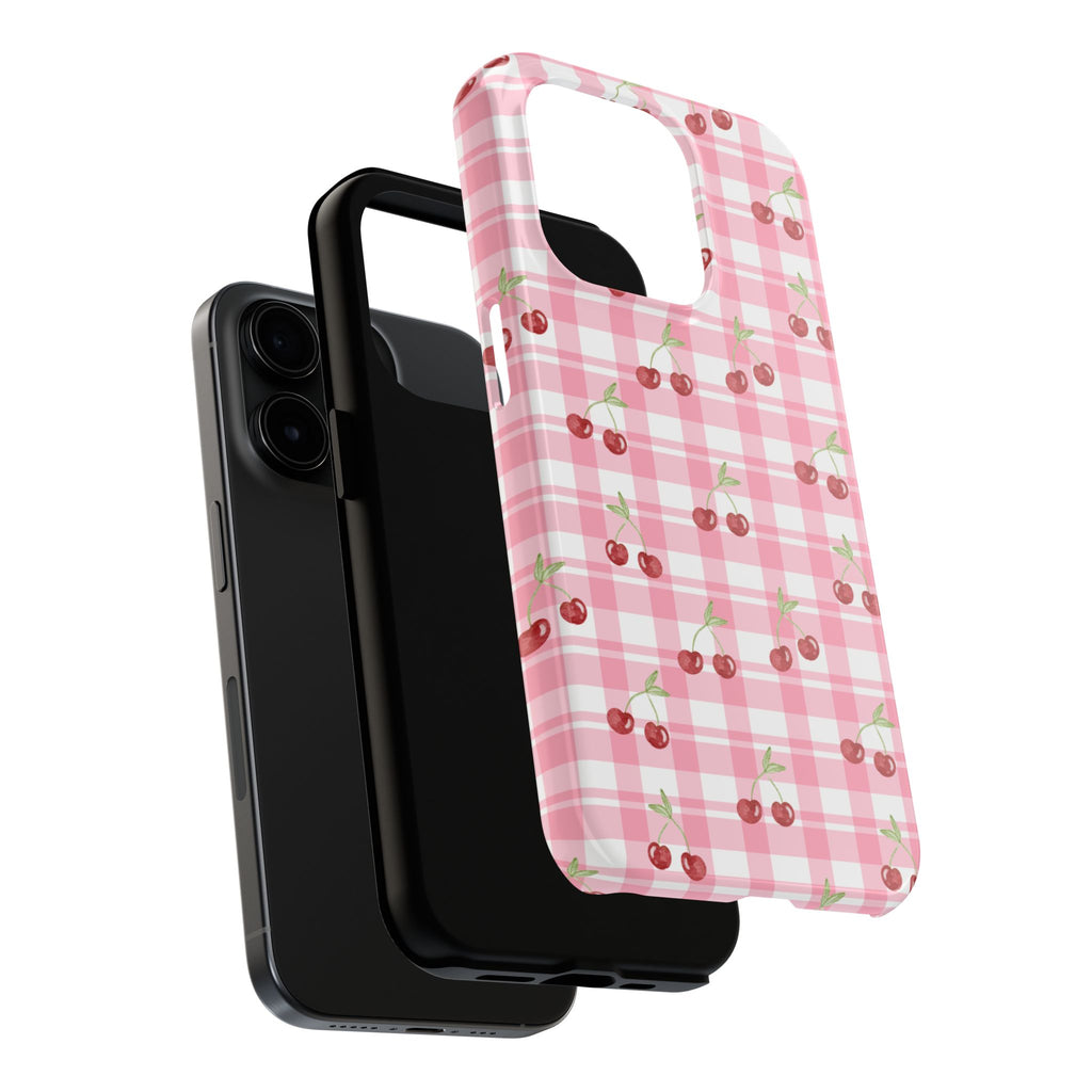 Cherry Gingham Tough Phone Case — Pink Plaid Cherry Pattern Protective Cover
