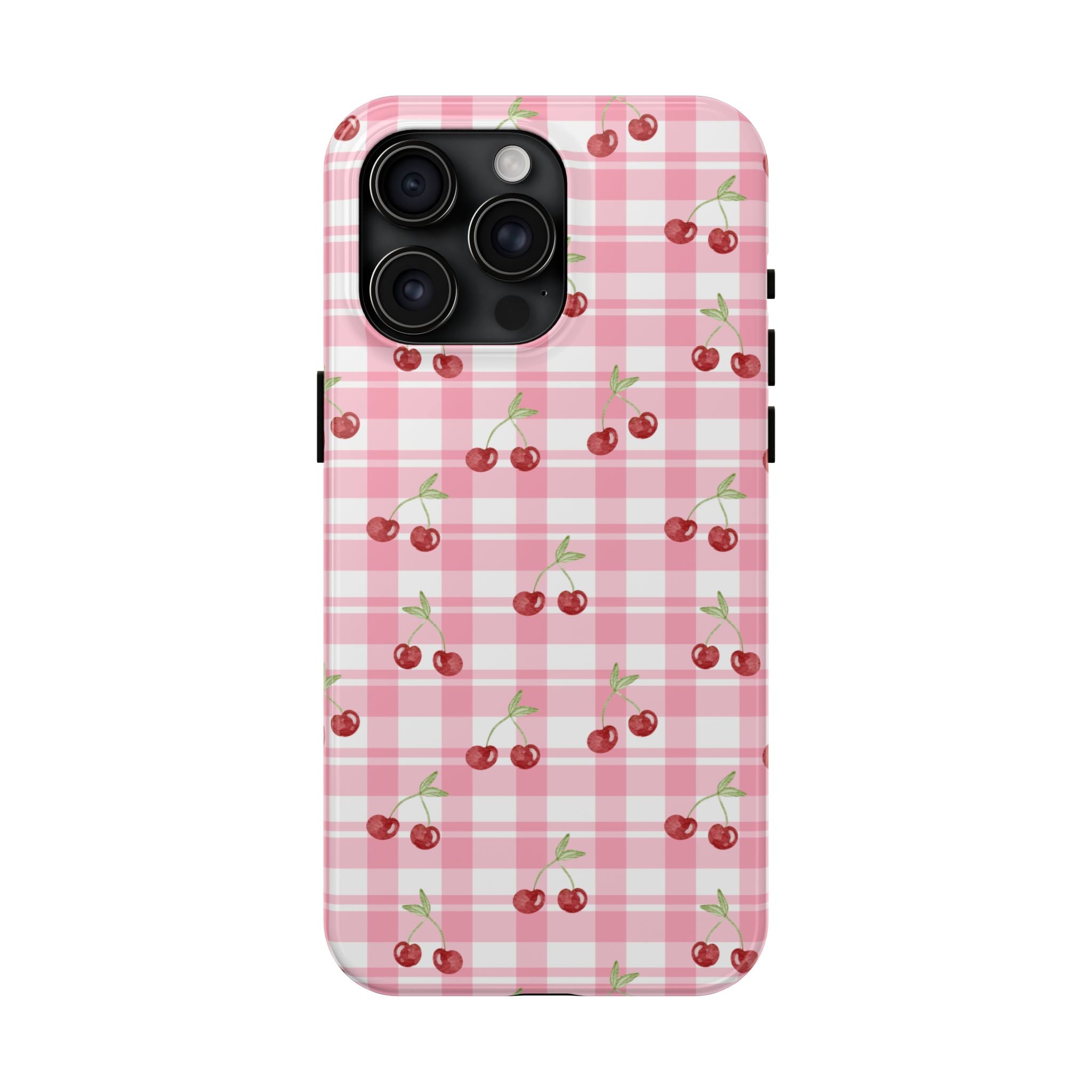 Cherry Gingham Tough Phone Case — Pink Plaid Cherry Pattern Protective Cover