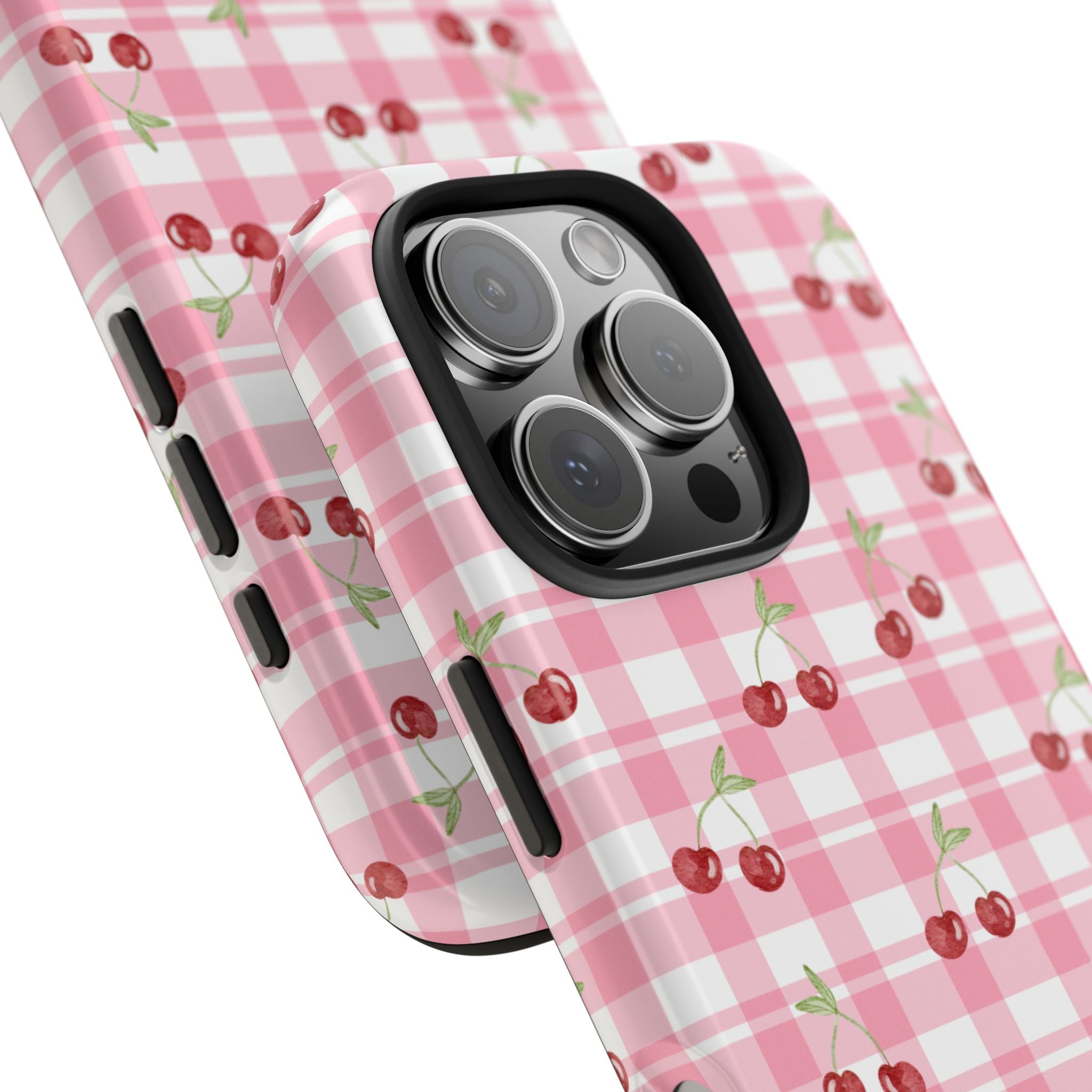 Cherry Gingham Tough Phone Case — Pink Plaid Cherry Pattern Protective Cover