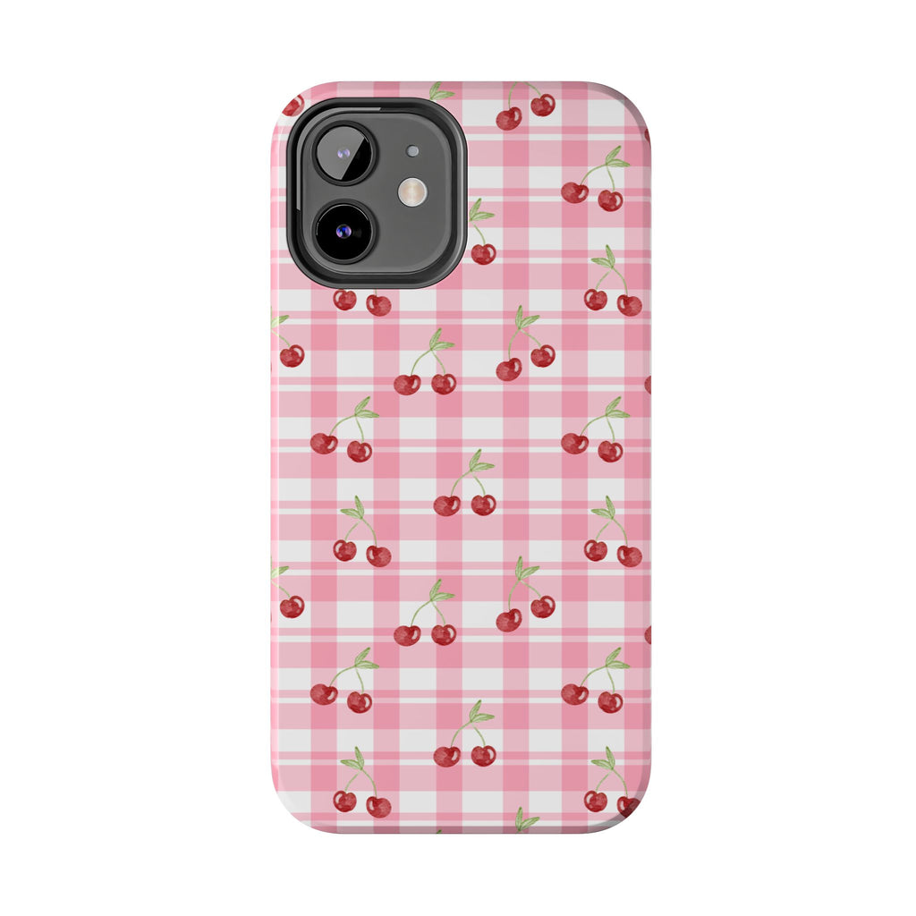 Cherry Gingham Tough Phone Case — Pink Plaid Cherry Pattern Protective Cover