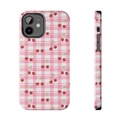 Cherry Gingham Tough Phone Case — Pink Plaid Cherry Pattern Protective Cover